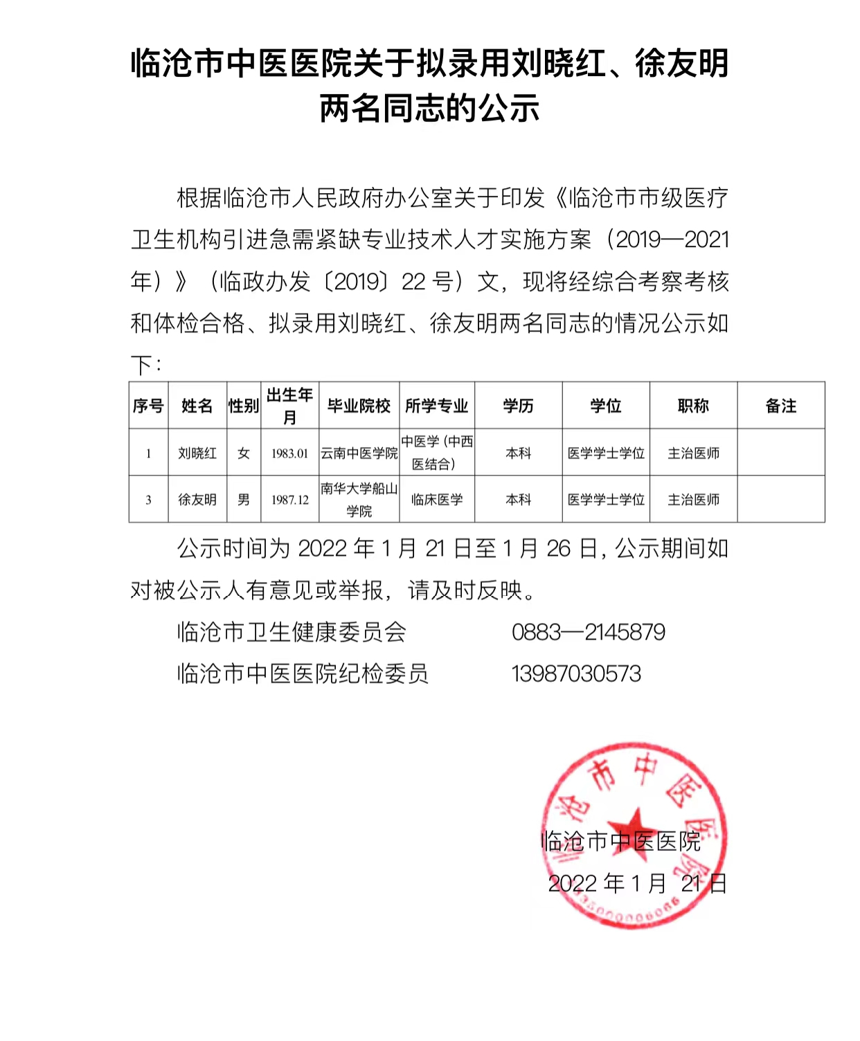 關(guān)于擬錄用劉曉紅、徐友明兩名同志的公示
